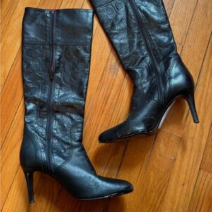 Vintage Coach Black Leather Signature-Embossed Mid-Calf Heeled Boots